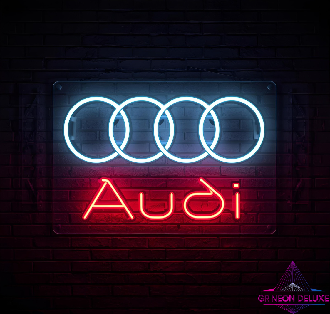 Audi Logo Neon (Weißes Audi Logo mit roter Audi Schrift beleuchtung)