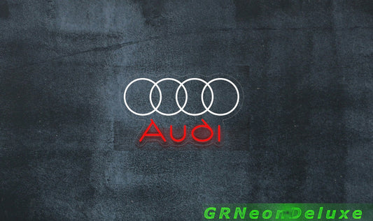Audi Logo Neon (Weißes Audi Logo mit roter Audi Schrift beleuchtung)