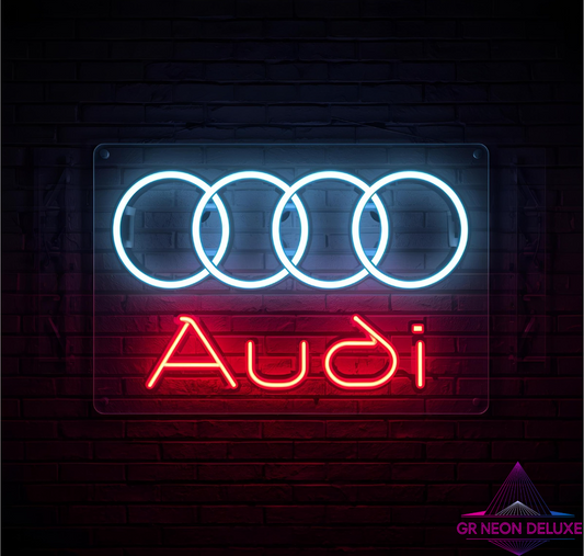 Audi Logo Neon (Weißes Audi Logo mit roter Audi Schrift beleuchtung)